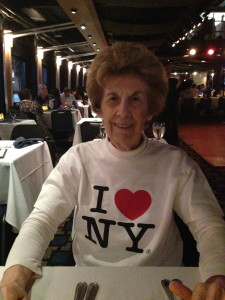 Nana, sporting her fangirl love of NYC proudly, aboard the Spirit of New York.